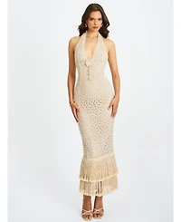 Miss Circle Women Faelyn Off-White Double Fringe Crochet Halter Maxi Dress