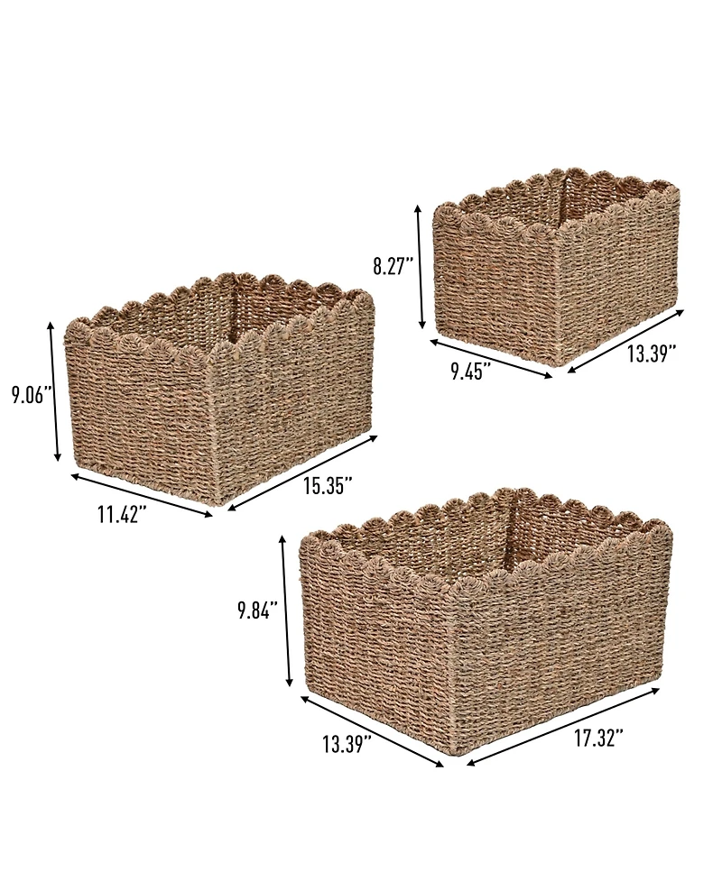 Happimess Arden Coastal Cottage Seagrass Scalloped Rectangular Organizing Storage Baskets (Set of 3)