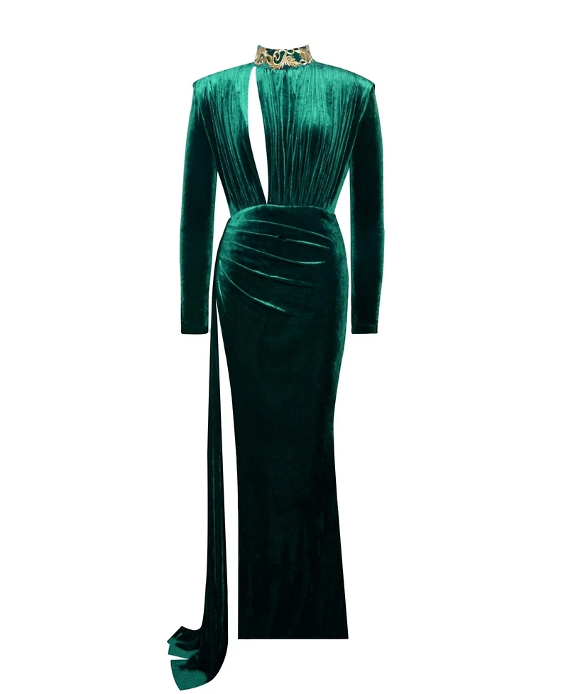 Miss Circle Women Zenaida Emerald Green Cutout High Slit Velvet Gown