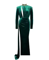 Miss Circle Women Zenaida Emerald Green Cutout High Slit Velvet Gown