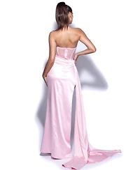 Miss Circle Women's Holly Pink Crystallized Corset High Slit Satin Gown