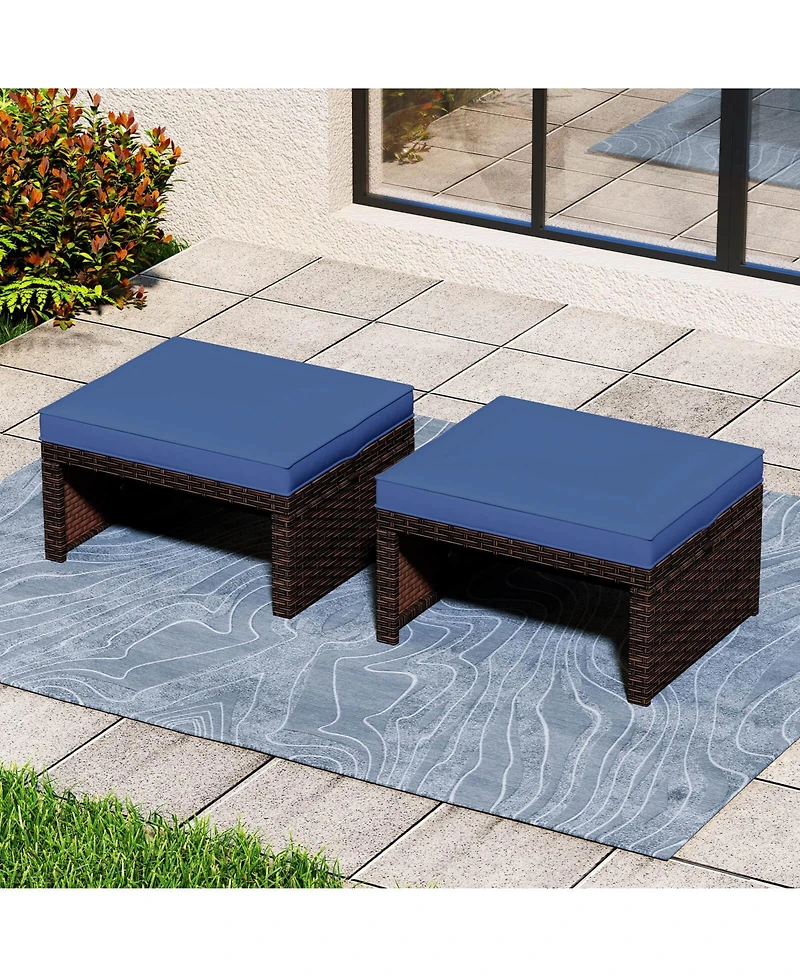 Costway Patio Pe Rattan Ottomans with Soft Zippered Cushions for Deck Outdoor