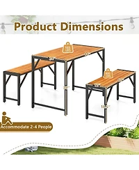 Gymax 3 Pcs Dining Set for 4 People Outdoor Picnic Table & 2 Benches w/ Metal Frame