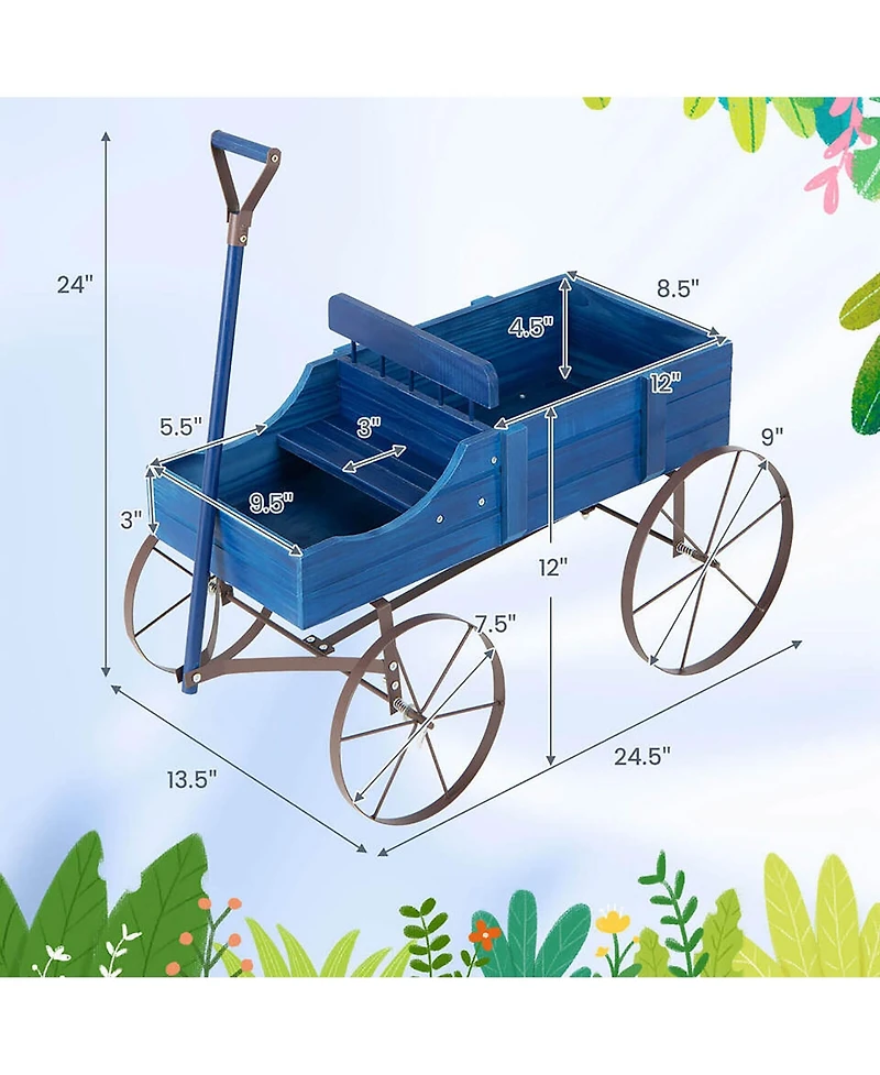 Gymax Patio Wooden Garden Flower Planter Wagon Plant Bed W/ Wheel Garden Yard
