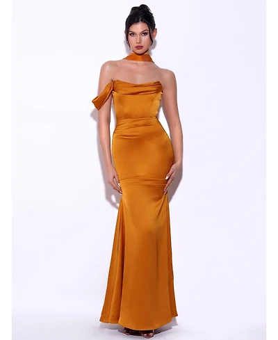 Miss Circle Women's Ivona Gold Halter Neck Double Duchess Satin Gown