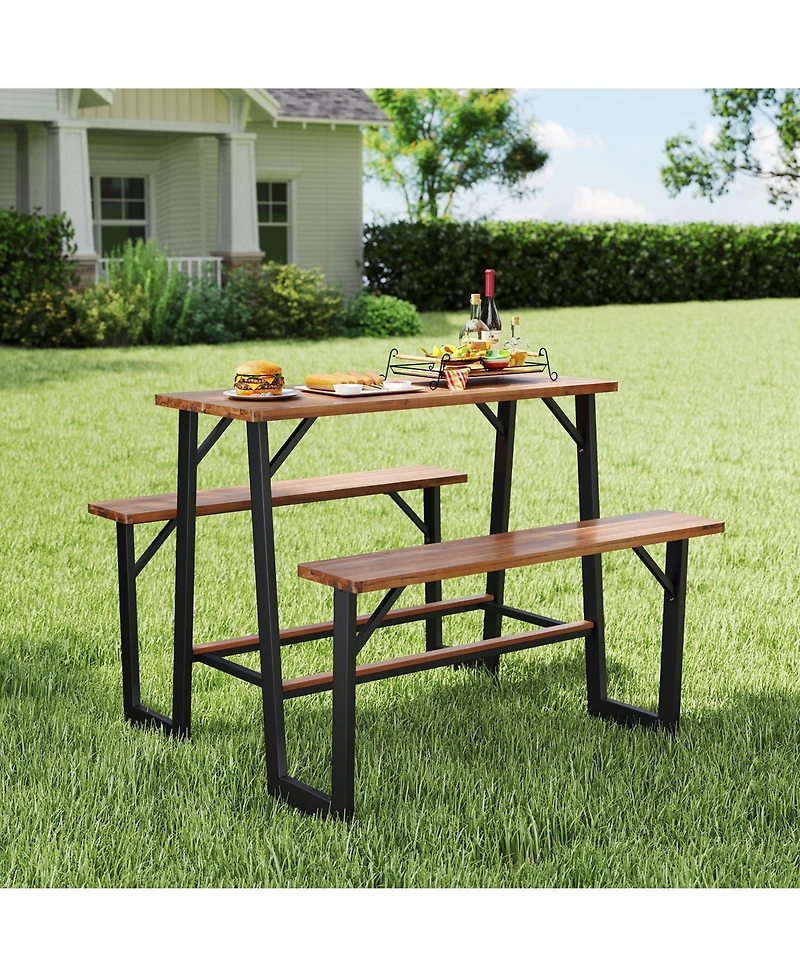 Gymax Outdoor Picnic Table for 4 Acacia Wood Rectangular Picnic Table w/ 2 Built-in Benches