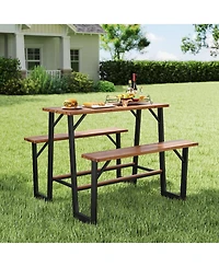 Gymax Outdoor Picnic Table for 4 Acacia Wood Rectangular Picnic Table w/ 2 Built-in Benches