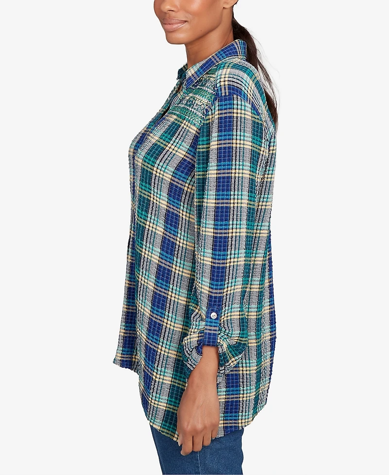 Ruby Rd. Petite Embroidered Plaid Button Down Top