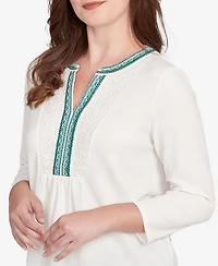 Ruby Rd. Petite Embellished Textured Split Neck Top