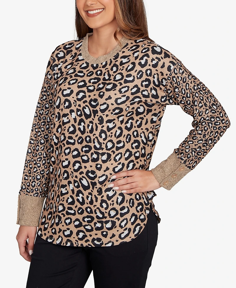 Ruby Rd. Petite Trimmed Cozy Animal Print Sweater