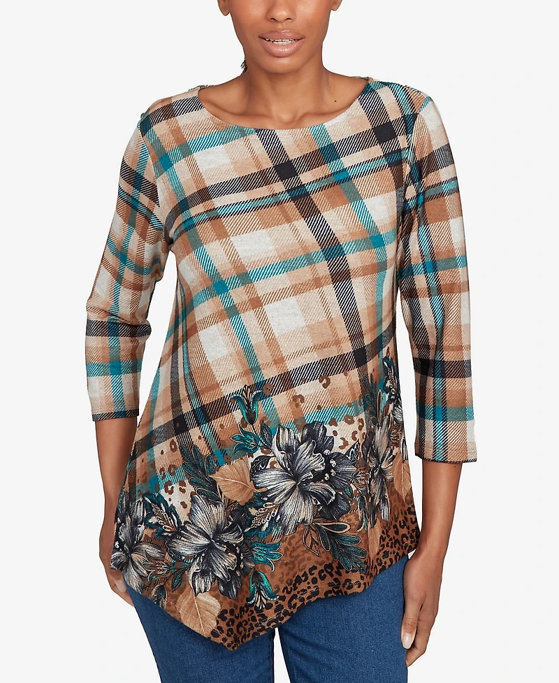 Ruby Rd. Petite Floral Plaid Cozy Ballet Neck Top