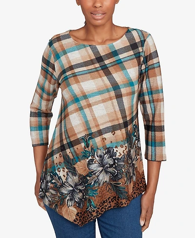 Ruby Rd. Petite Floral Plaid Cozy Ballet Neck Top
