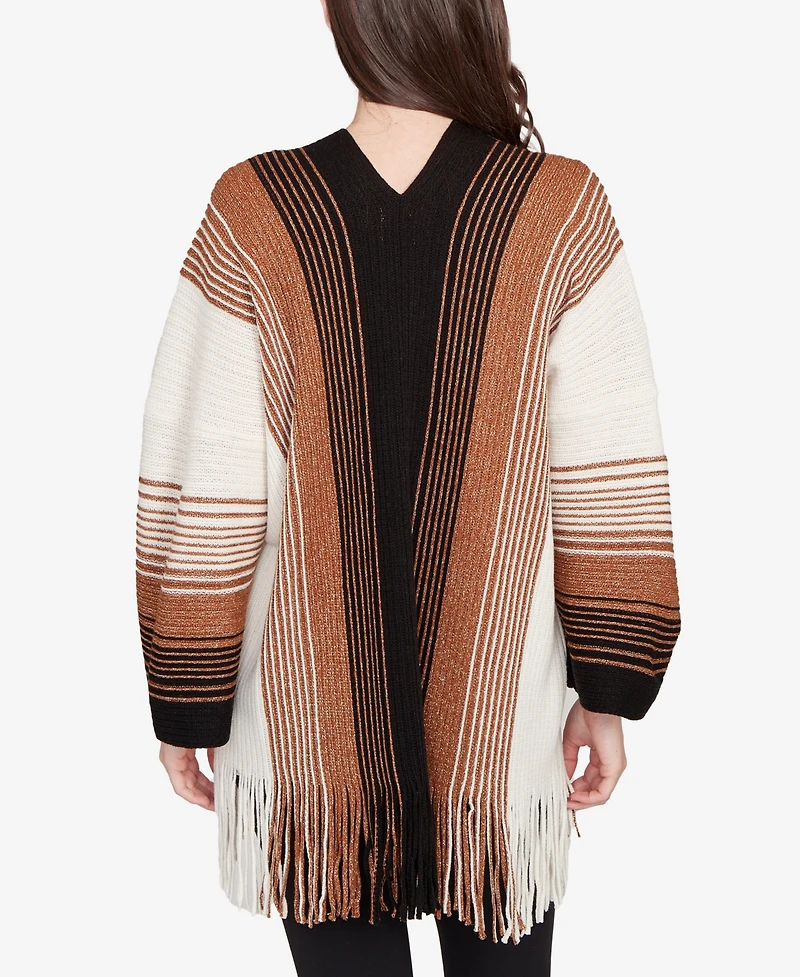 Ruby Rd. Petite Open Fringed Stripe Cardigan Sweater