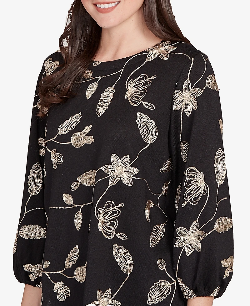 Ruby Rd. Petite Metallic Embroidered Floral Top