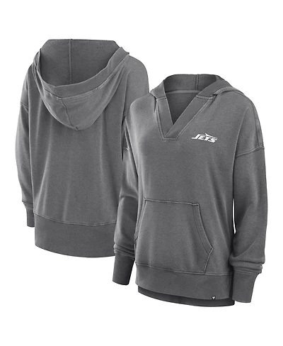 Fanatics Women's Heather Charcoal New York Jets Initiative Snow Wash French Terry V-Neck Pullover Hoodie