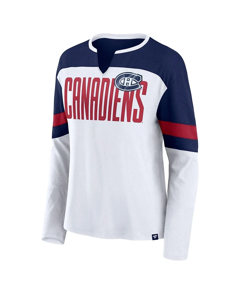 Fanatics Women's White/Navy Montreal Canadiens Frozen Long Sleeve Notch Neck T-Shirt