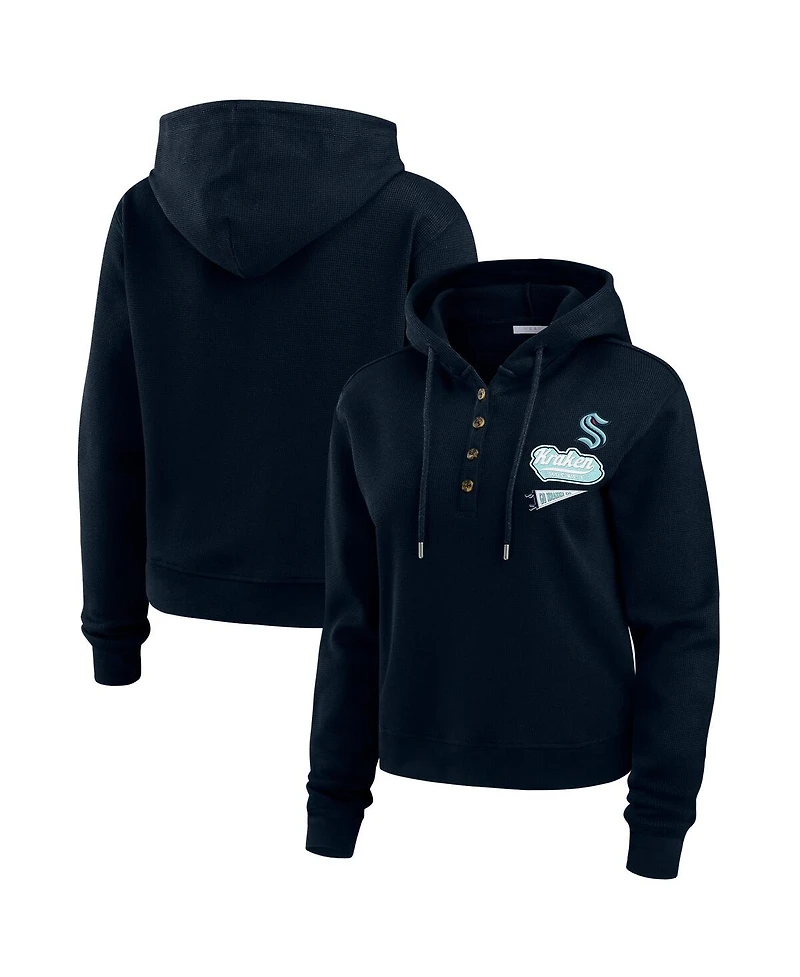 Wear by Erin Andrews Women's Deep Sea Blue Seattle Kraken Waffle-Knit Pullover Hoodie