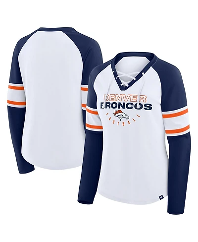 Fanatics Women's White/Navy Denver Broncos Redzone Blitz Package Raglan Lace-Up V-Neck Long Sleeve T-Shirt