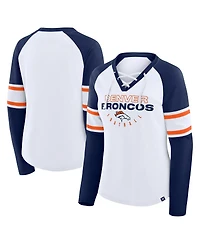 Fanatics Women's White/Navy Denver Broncos Redzone Blitz Package Raglan Lace-Up V-Neck Long Sleeve T-Shirt