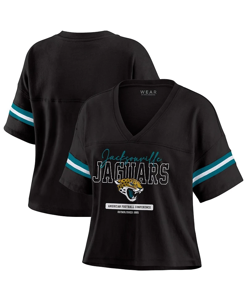 Wear by Erin Andrews Women's Black Jacksonville Jaguars Color Block Boxy Modest Crop V-Neck T-Shirt