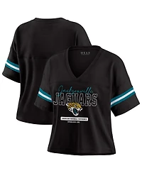 Wear by Erin Andrews Women's Black Jacksonville Jaguars Color Block Boxy Modest Crop V-Neck T-Shirt