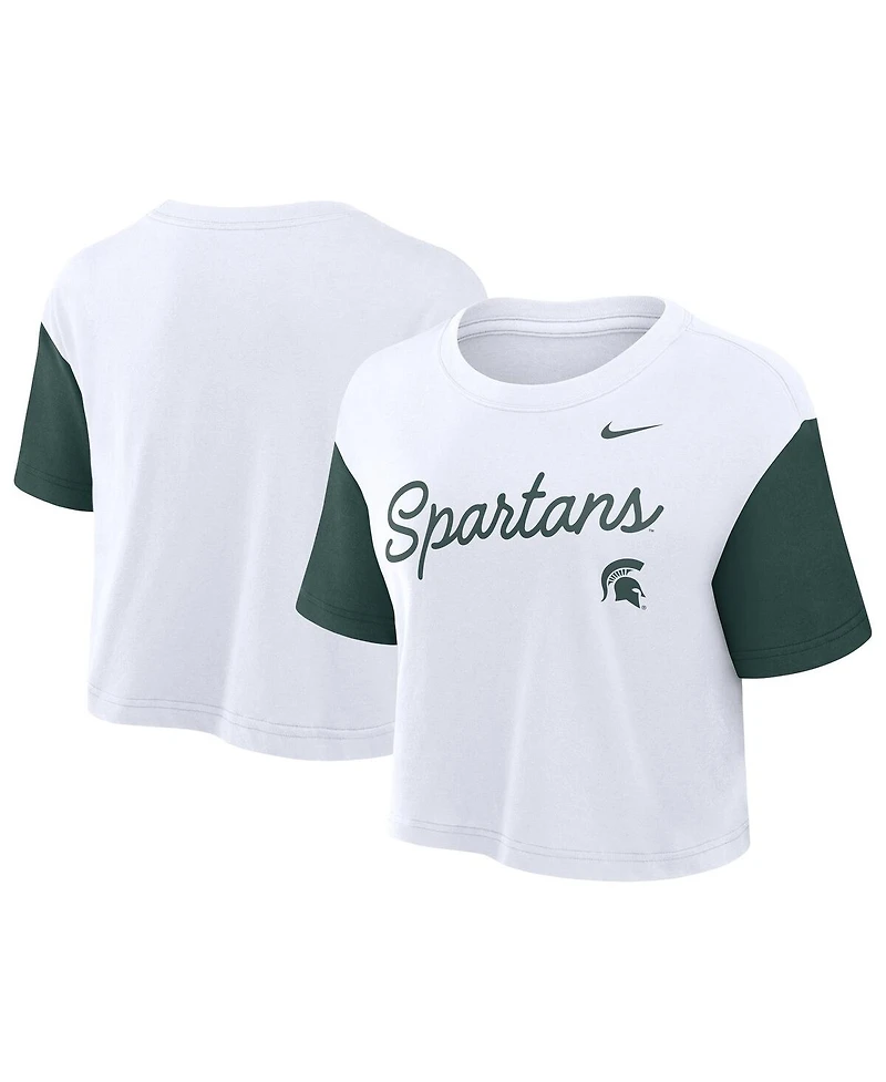 Nike Women's White/Green Michigan State Spartans Color-Block Script Performance Cropped T-Shirt