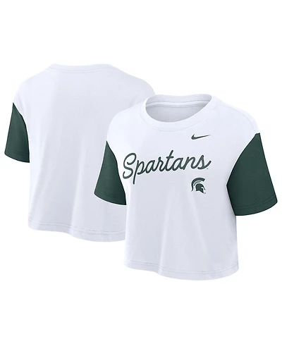 Nike Women's White/Green Michigan State Spartans Color-Block Script Performance Cropped T-Shirt