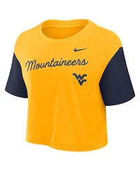 Nike Women's Gold/Navy West Virginia Mountaineers Color-Block Script Performance Cropped T-Shirt