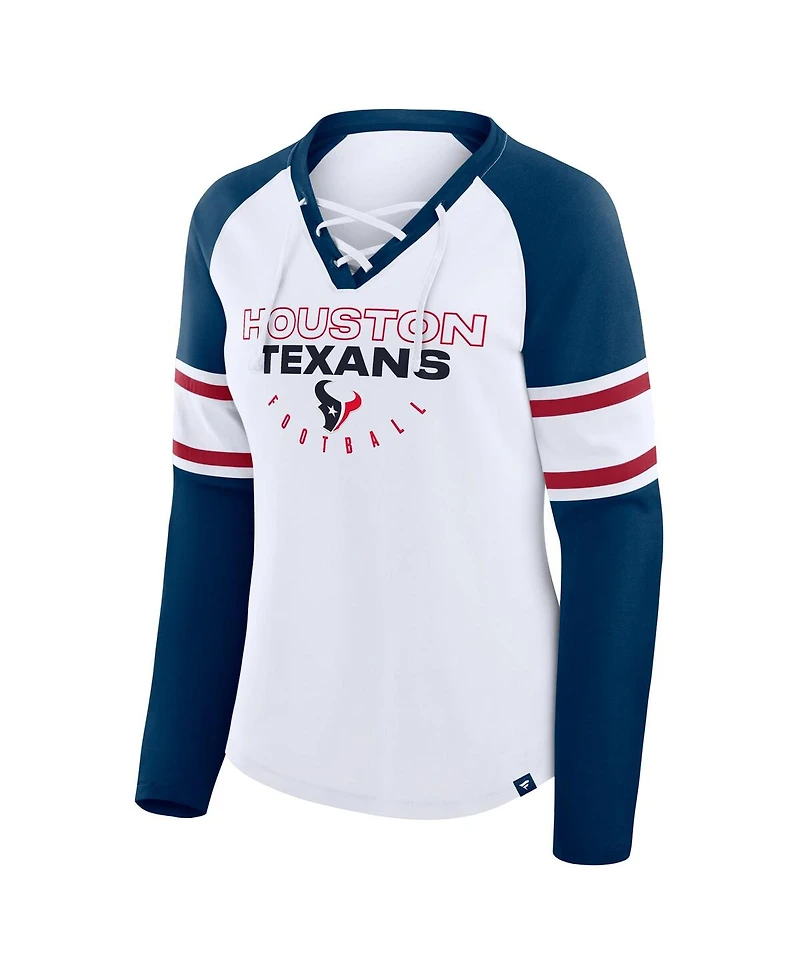 Fanatics Women's White/Navy Houston Texans Redzone Blitz Package Raglan Lace-Up V-Neck Long Sleeve T-Shirt