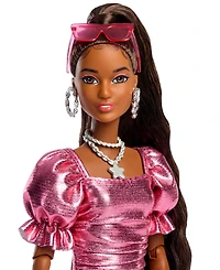 Barbie Deluxe Style Fashion Doll 6 in Metallic Coral Dress with Bubble Hem and Silvery Accessories