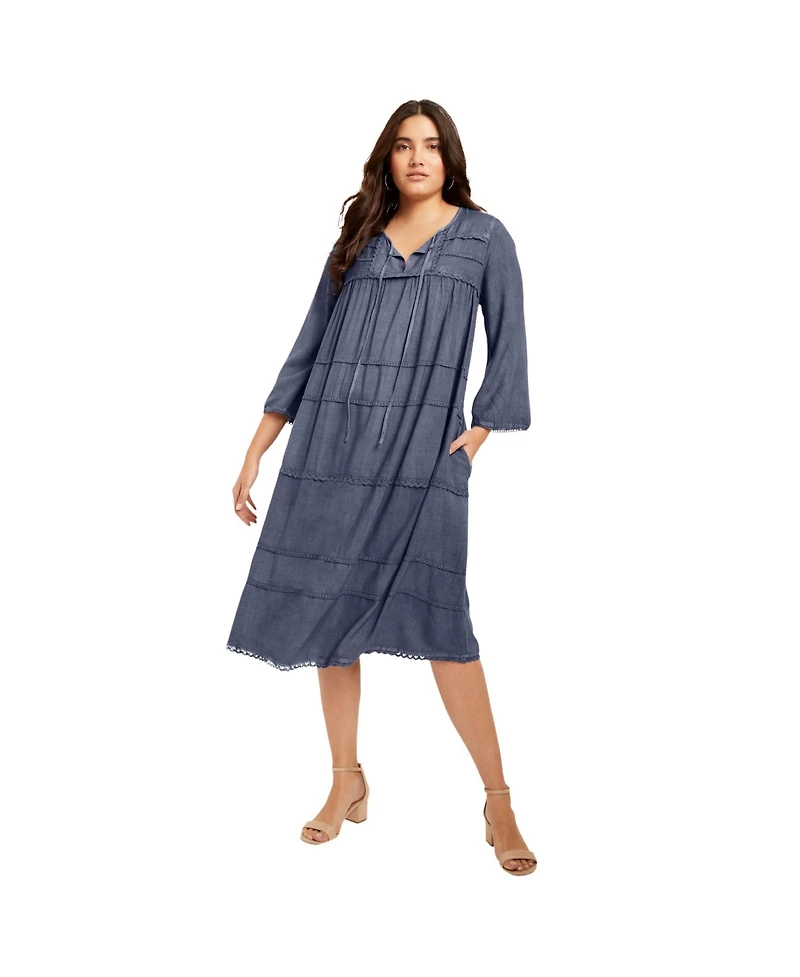 June + Vie Women's Plus Size Acid Wash Peasant Dress