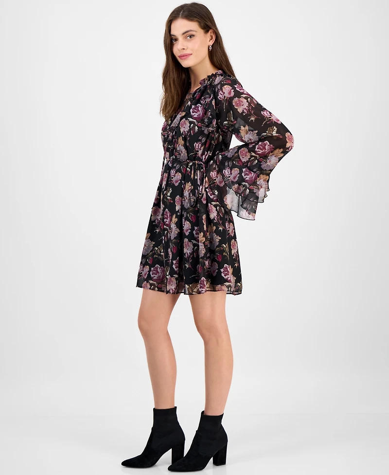 Sam Edelman Women's Flare-Sleeve Ruffled Dark Rose Mini Dress