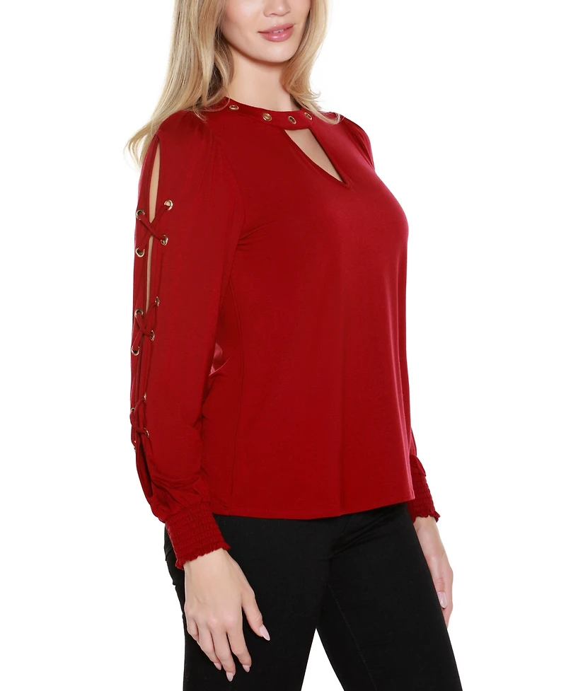Belldini Women's Slit-Sleeve Keyhole Knit Top