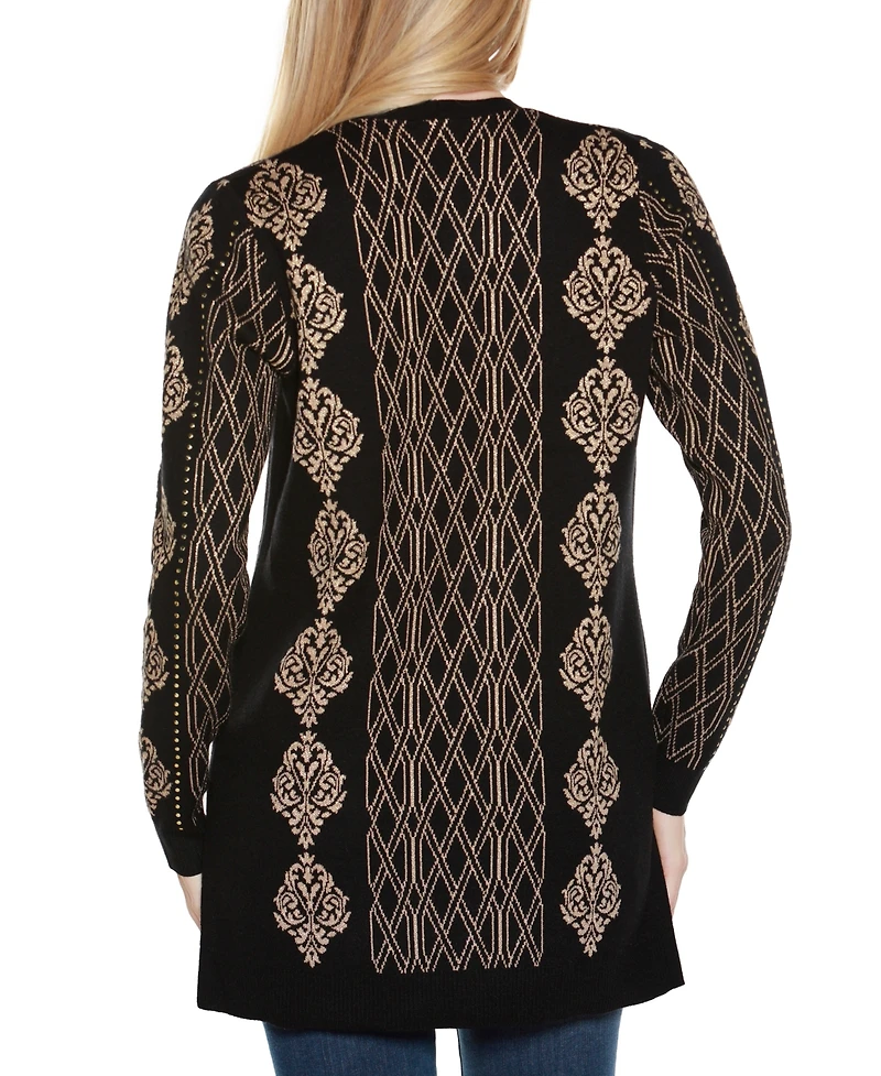 Belldini Women's Lurex Jacquard Open-Front Cardigan Sweater