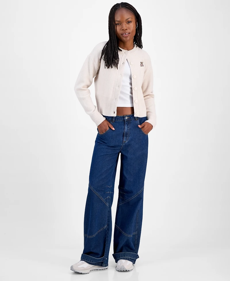 Hooked Up by Iot Juniors' Teddy Bear-Embroidered Crewneck Cardigan
