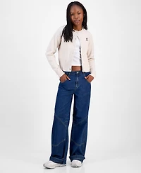 Hooked Up by Iot Juniors' Teddy Bear-Embroidered Crewneck Cardigan