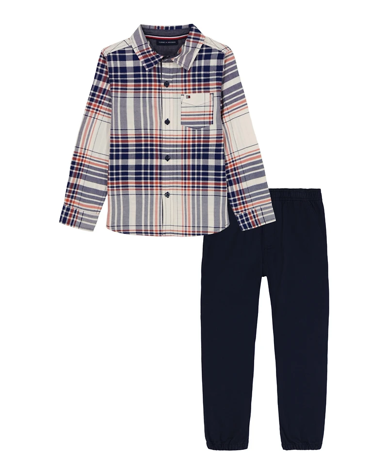Tommy Hilfiger Toddler Boys 2-Piece Chambray Trim Plaid Shirt and Prewashed Jogger Pants Set