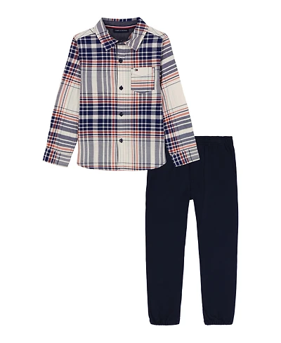 Tommy Hilfiger Toddler Boys 2-Piece Chambray Trim Plaid Shirt and Prewashed Jogger Pants Set