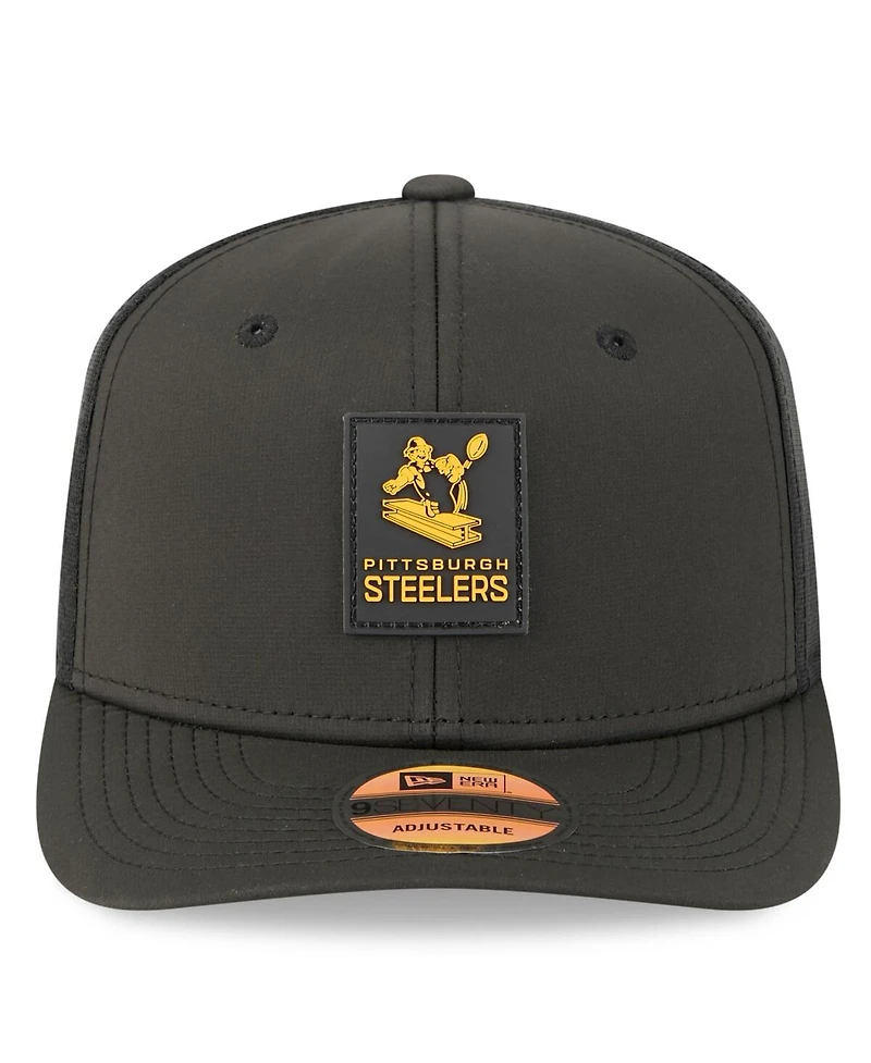 New Era Men's Black Pittsburgh Steelers 2025 Sideline Throwback 9SEVENTY Trucker Adjustable Hat