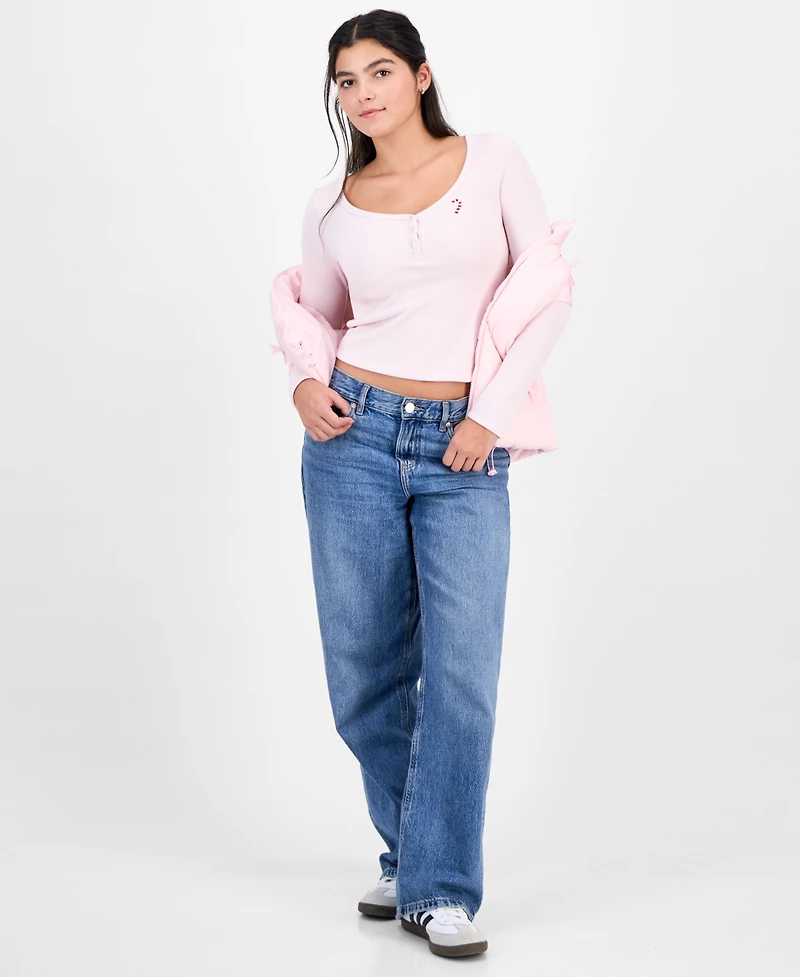 Madden Girl Juniors' Hacci Embroidered Long-Sleeve Henley