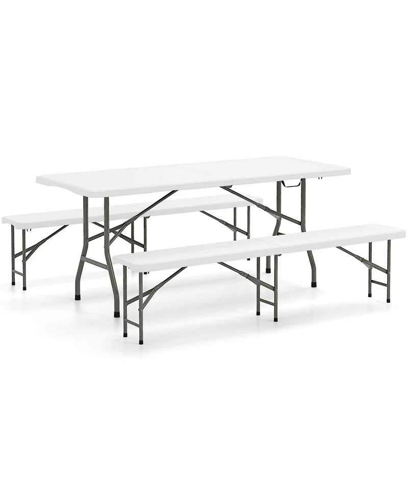Gymax 3 Pcs Folding Picnic Table Set w/ 6 ft Table & 2 Benches Hdpe Tabletop Bench Top
