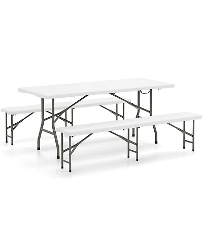 Gymax 3 Pcs Folding Picnic Table Set w/ 6 ft Table & 2 Benches Hdpe Tabletop Bench Top
