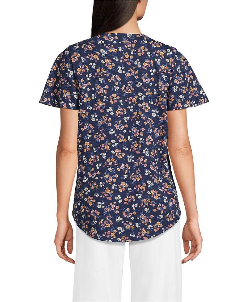 Lands' End Women's Slub Flutter Sleeve Lace Trim Notch Neck Tunic Top