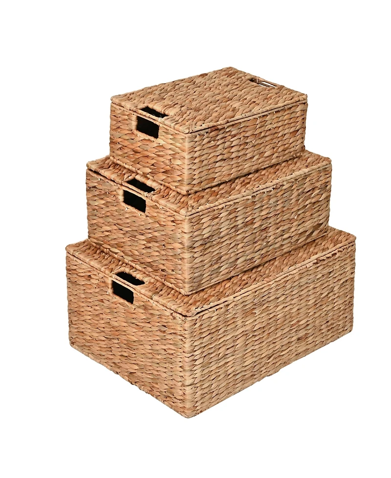 Happimess Brooks Classic Farmhouse Woven Hyacinth Rectangular Storage Baskets with Lids and Handles (Set of 3)