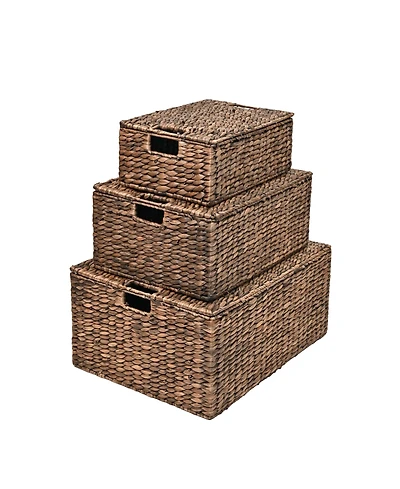 Happimess Brooks Classic Farmhouse Woven Hyacinth Rectangular Storage Baskets with Lids and Handles (Set of 3)