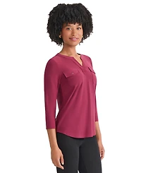 Jones New York Women's Solid 3/4-Sleeve Flap-Pocket Knit Top