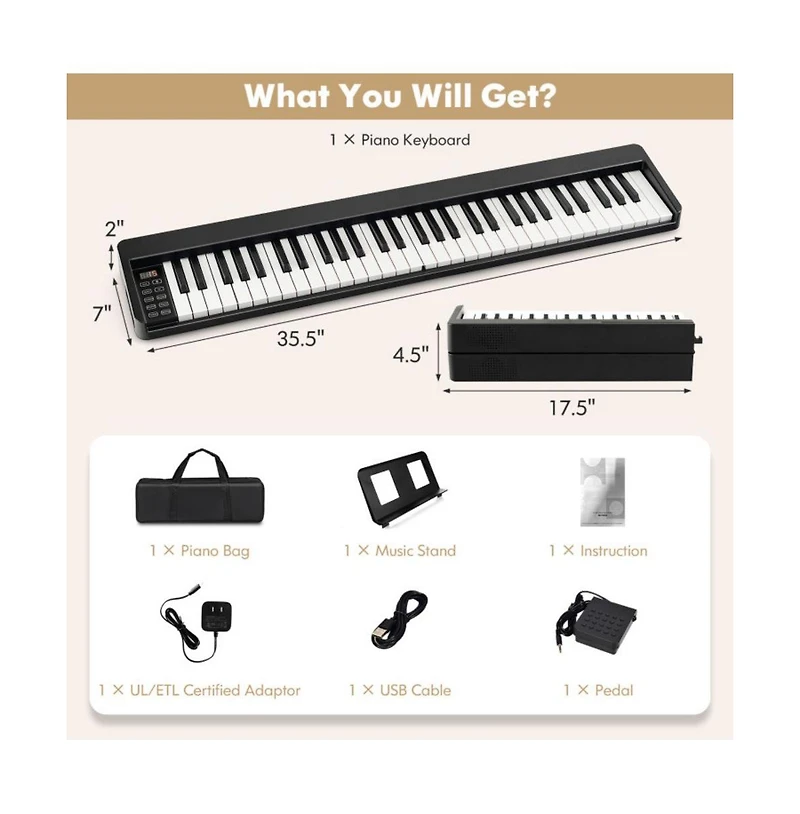 Akiudex 61-Key Foldable Digital Piano with Bag Pedal and Wireless Midi