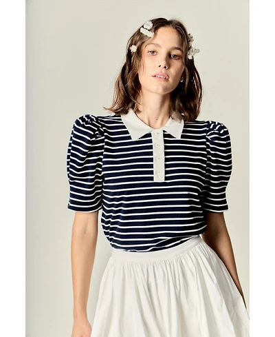 English Factory Women's Puff Sleeves Polo Jersey Top