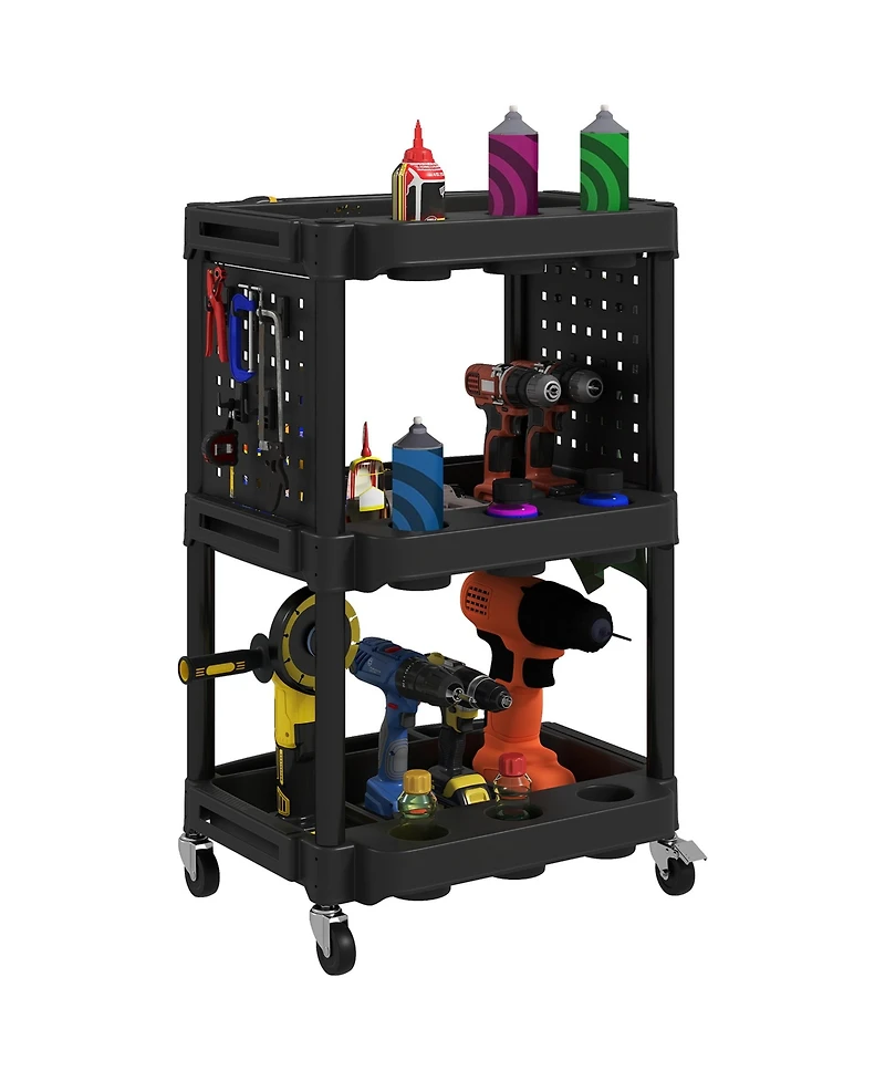 Homcom 3-Tier Rolling Tool Cart with Wheels, Plastic Utility Cart,