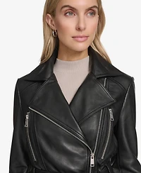 Andrew Marc Women's Violet Belted Moto Leather Jacket